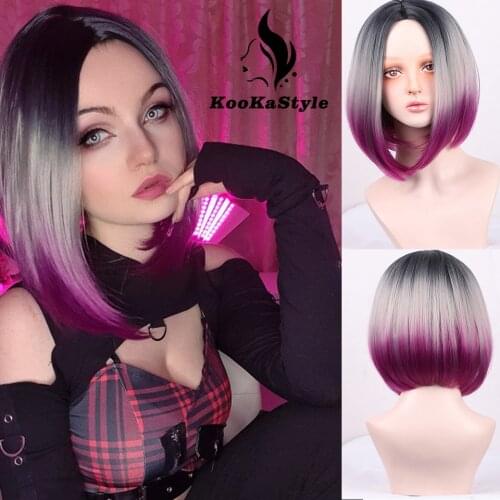Aisibeauty Short Straight Bob Wigs for Women Synthetic Straight Bob Hair Wigs Omber Blue/Red Purple Closure Middle Division Hair