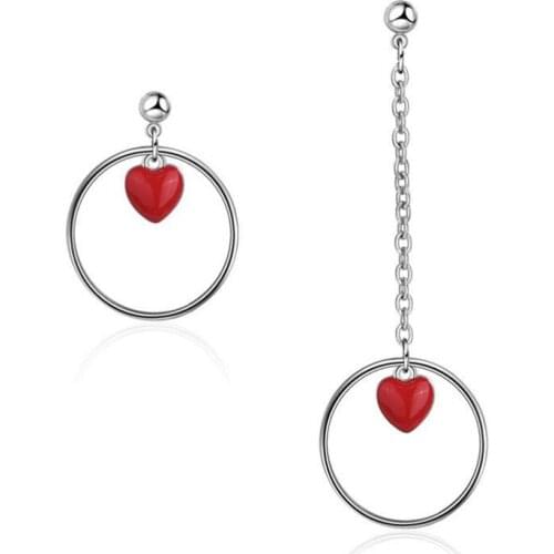 925 Sterling Silver Lovely Silver Color Asymmetric Red Heart Earrings For Women Ear Chain Jewelry oorbellen S-E495
