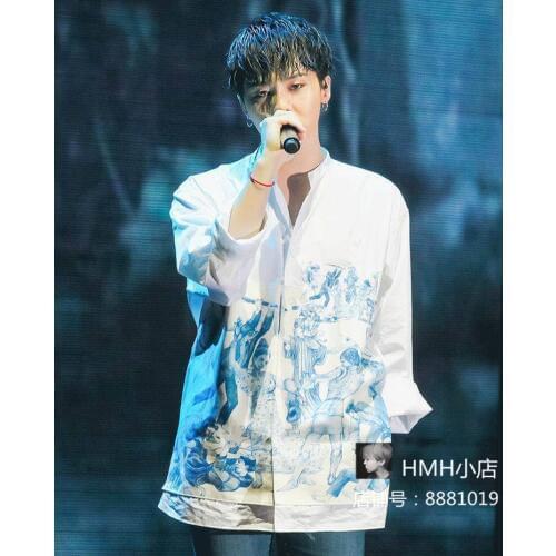 Men And Women Shirts For Designers Bigbang Quan Zhilong Gd With The Blue National Print Long-sleeved White Fashion Loose Shirt