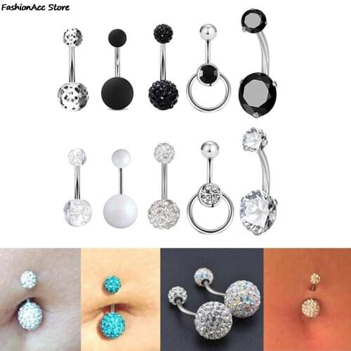 5Pcs Women Sexy Stainless Steel Belly Button Rings Set Zircon Soft Ceramic Umbilical Body Piercing Jewelry Accessories Female