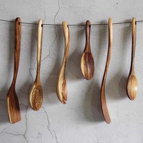 Kitchen Tool Set Teak Natural Wood Tableware Spoon Ladle Turner Long Rice Colander Soup Skimmer Cooking Spoons Scoop Utensils
