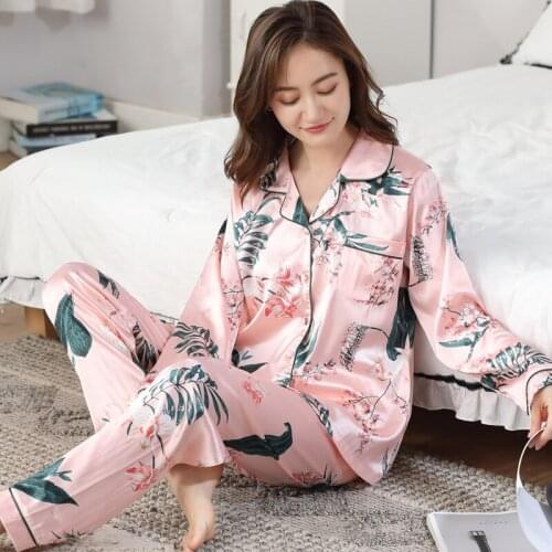 Sexy Large Size M-3XL Satin Pajamas Flower Print Silk Pyjamas Nightwear Women Long Sleeve Homewear Women Pijama Mujer