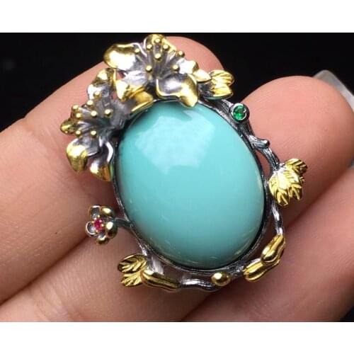 925 Sterling Silver Branches Flower Two Tons Color Natural Turquoise Jewelry Pendant