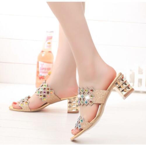 Designer Women Summer Sandals Thick Heel Platform Wedges Sandals Sexy Beading Slippers Sandalias Slides gold Black Green High