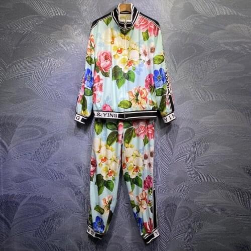 Seifrmann Summer Women Pants Set Runway Fashion Designer Floral Print Lantern Sleeve Coats+Slim Long Pants 2 Two Pieces Suits