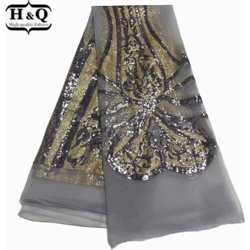 H&Q gray nigerian tulle lace french sequins fabric embroidery 5 yards/pcs 2021 high quality african net laces fabrics for sewing