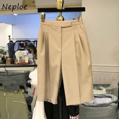 Neploe Shorts Women Solid Korean Zipper Fly Button Bottoms Femme New Loose Casual High Waist Wide Leg Straight Shorts 1E398