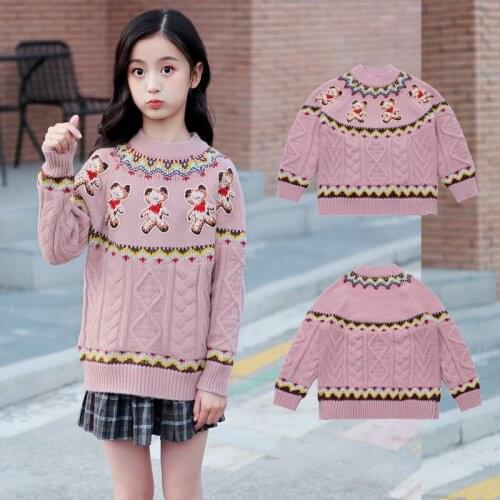 Girls Sweater Kids Coat Outwear 2021 Bear Pink Plus Velvet Thicken Warm Winter Autumn Tops Cotton Pullover Childrens Clothing