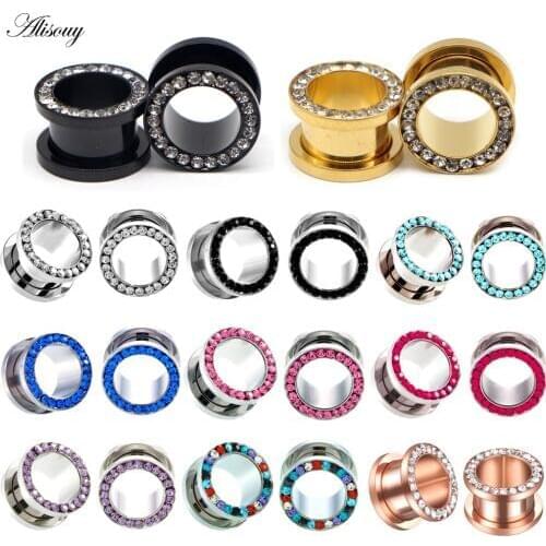 Alisouy 2pcs Stainless Steel Crystal Zircon Ear Tunnels Plug Screw Fit Colorful Ear Flesh Gauge Ear Expanders Piercing Jewelry