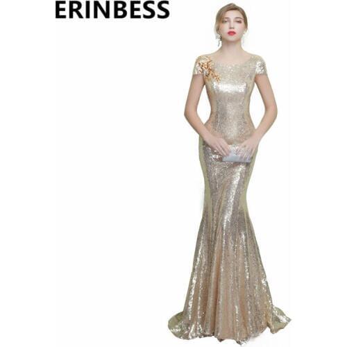 Vestidos De Festa Vestido Longo Para Casamento Long Gold Sequined Evening Dresses Scoop Neck Short Sleeve Mermaid Party Gowns