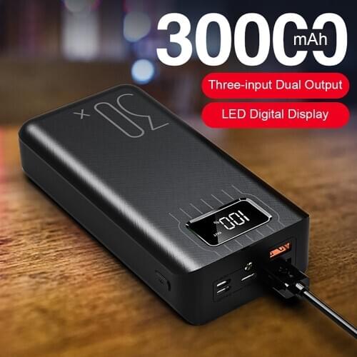 30000mAh Power Bank Type C Micro USB QC Fast Charging Powerbank For iPhone LED Digital Display Portable External Battery Charger