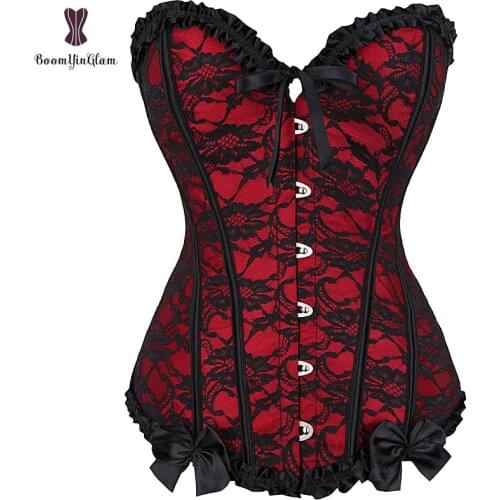 High quality lace overlay bow design metal clips button corset top T string Overbust Floral Fish Boned Gorset Plus Size Korset