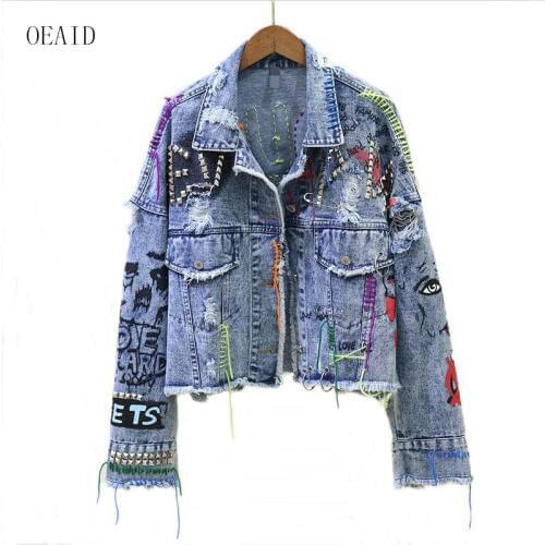 New Womens Denim Jacket Coat 2021 Spring Jean Jackets Women Coats Female Denim Jacket Graffiti Rivet Jacket Girl Outerwear Blue