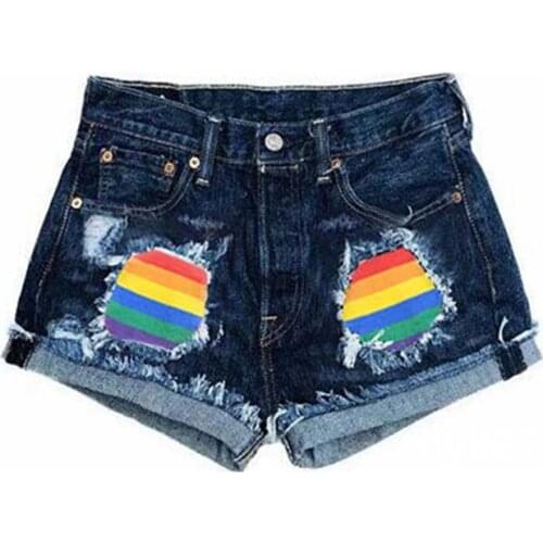 Streetwear Casual Ladies Denim Shorts Ripped Hole Washed Print Stitching Rainbow Fashion Jeans Shorts Модные джинсовые шорты