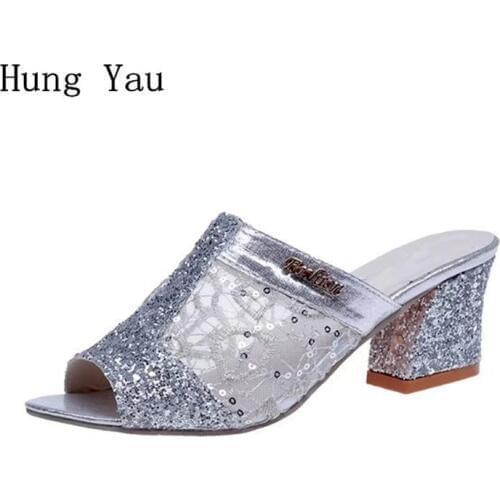 Woman Sandals Shoes Slippers Summer Style Wedges Pumps High Heels Slip On Bling Peep Toe Fashion Gladiator Mesh Female