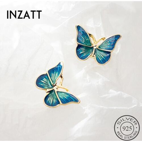 INZATT Real 925 Sterling Silver Blue Enamel Butterfly Stud Earrings For Fashion Women Party Fine Jewelry Cute Accessories Gift