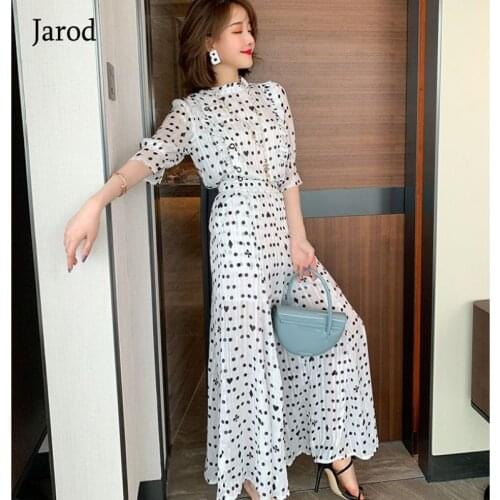 New Fashion Women Polka Dot Trousers Suit Summer Chiffon O Neck Ruffles Shirt + Holiday Ladies Pleated Wide-Leg Length Pants Set
