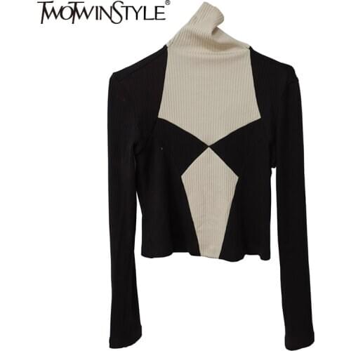 TWOTWINSTYLE Geometric Patchwork Sweater For Women Turtleneck Long Sleeve Hit Color Slim Knitted Tops Female 2020 Autumn New