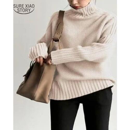 2021 Winter Chic 6 Colors Tops Korean Lady Jumpers Loose Casual Pullover Autumn Fashion Sweater Striped Turtleneck Sweater 16535