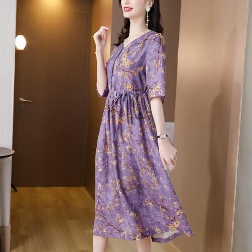 Women Long Purple Linen Dress Summer 2021 Chinese Retro Elegant Casual Party Night Beach Vacation Runway Vestidos Korean New
