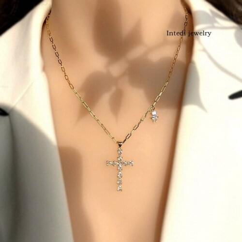 Fashion Cross pendant necklace shiny white Cubic Zirconia gold color chain christian cross necklace women CZ Charm Jewelry Gifts