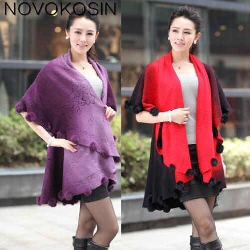 SC122 2018 Winter Women Jacquard Weave Poncho Female Rabbit Fur Ball Pashmina Vintage Knitted Cardigan Gradient Color Shawl