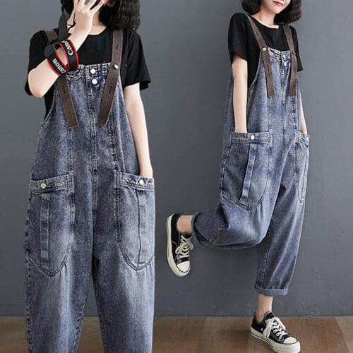 Retro Fashion Big Pocket Suspender Jeans Trousers 2021 Spring Summer Plus Size Womens Casual Strap Denim Harem Pants aq575