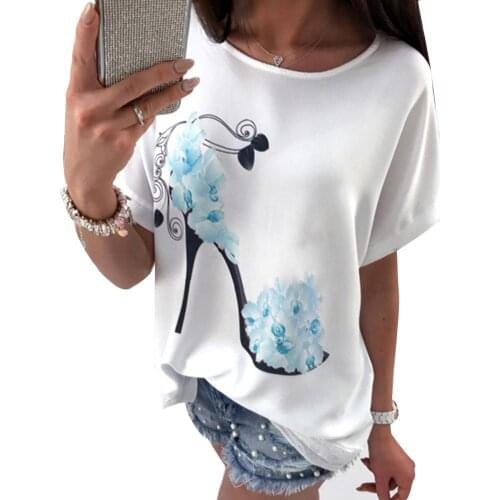 T-Shirts Women Fashion Summer Women Flower High Heel Print Tee Top Short Sleeve O-Neck T-shirt Womens Clothing 2021