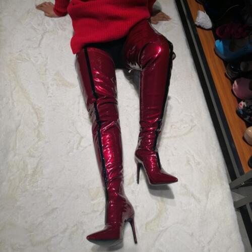 GOOFLORON New Elegant Women Over-the-Knee Boots Wine Red 12cm Pointed Toe Thin Heels Boots Shoes Woman Boots