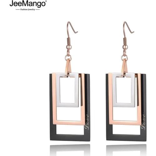 JeeMango Stainless Steel Geometry 3Pcs Hollow Rectangle Earrings For Women Rose Gold OL Style Ear Jewelry Party Gift JE19054