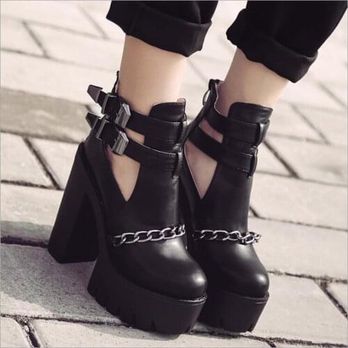 Classic Spring Fashion Rivet chain Boots Women Platform Heels Casual Shoes Lacing Round Toe Shoes Ladies Autumn Boots