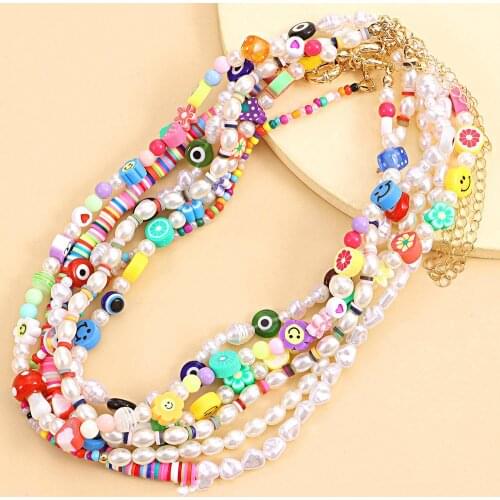 Meetvii Bohimia Colorful Bead Soft Pottery Irregular Pearl Chokers Cute Fruit Flower Eye Necklaces for Women 2021 NEW Collar