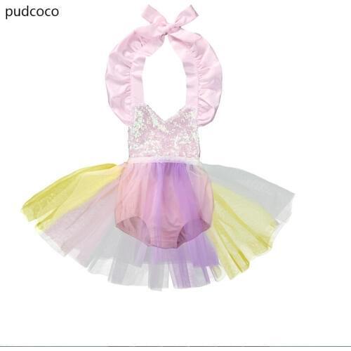 Cute Sequins Ruffled Princess Dresses 2018 Summer Baby Kid Girls Pink Backless Rompers Dress Girl Pageant Mesh Gowm Dress