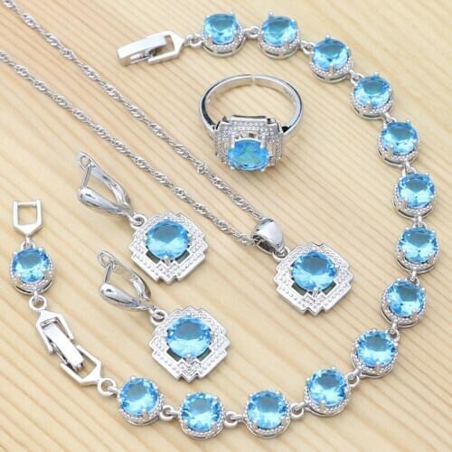 Sky Blue Cubic Zirconia Geometric Hollow Jewelry Set 925 Sterling Silver Adjustable Ring Earring Pendant Chain Bracelet