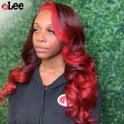 AliLee 13X4 Ombre Red Lace Front Human Hair Wigs 180% Malaysian Remy Red Wavy Lace Front Wig For Women Colored Human Hair Wigs