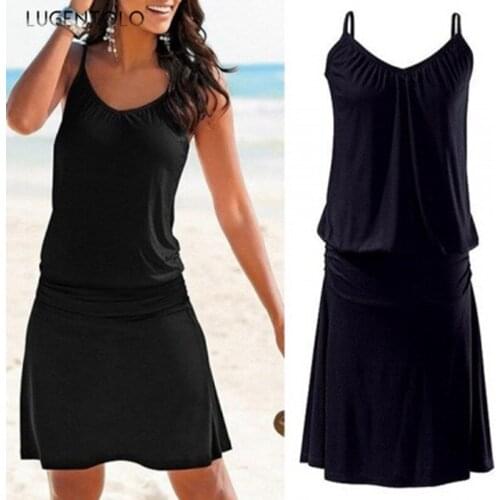 Lugentolo Women Dress Summer Loose Printed Wavy Pattern Beach New Style Casual Sleeveless Sexy Female Short Dress