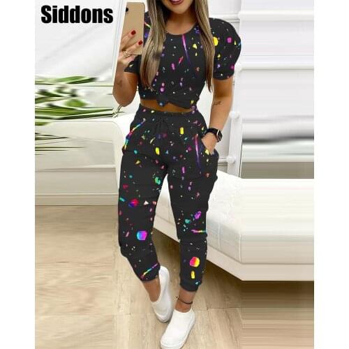 Casual Outfit Colorblock short Sleeve Top & Pocket Design Drawstring Long Pants Set Tracksuit for Sports 2 pieces sets