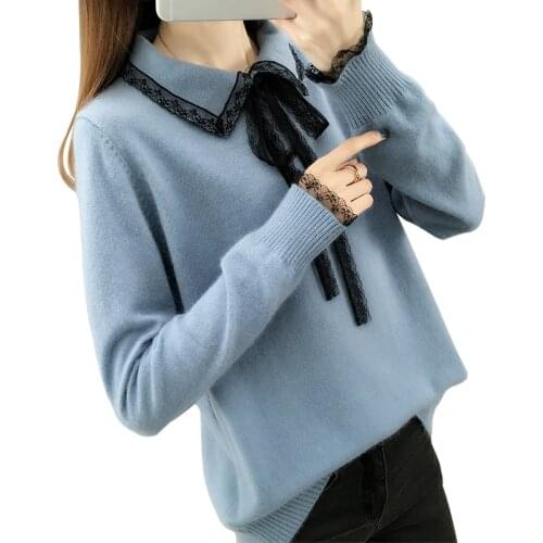 Pullover Sweater Women Tops Loose Autumn Winter lapel Bow Sweaters Female 2020 Pink Jumper Ladies Clothes Casual Pull Femme New