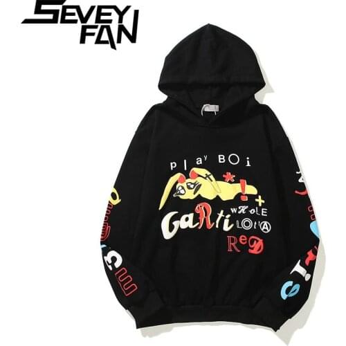 SEVEYFAN Hip Hop Hoodie Three-dimensional Bubble Hair Letter Cartoon Print Mens Hooded Sweatshirt Loose Couples Pullover