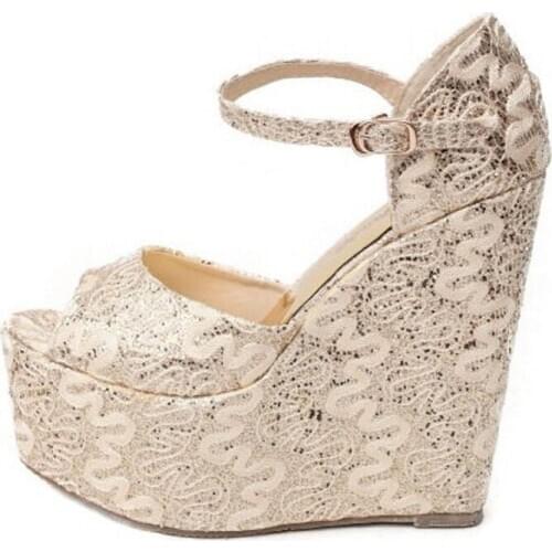 Pumps Women Shoes Vintage Mesh Lace Buckle Strap 15CM Wedges High Heels Peep Toe Rhinestone Bling wedding shoes woman black