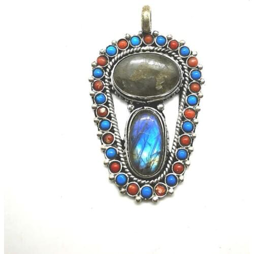 Vintage Flower Pendant Copper Inlaid Natural Moonstone Labradorite Big Pendants Nepal Handmade Jewelry TBP354