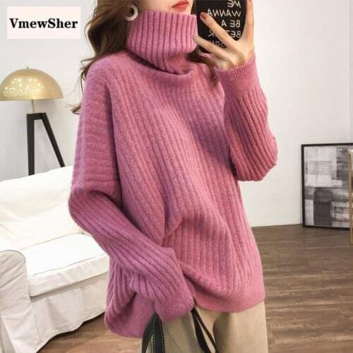 VmewSher New Turtleneck Loose Sweater Women Knitted Autumn Winter Thick Solid Jumper Elegant Pullovers Long Sleeve Casual Tops