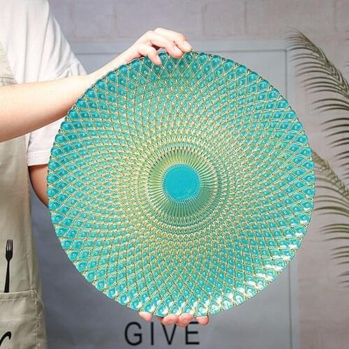 Colored Glass Plate Kitchen Fruit Snacks Plate Home Decorative Plate Creativity Bar Party Banquet Tray Round Tableware Tray Dish