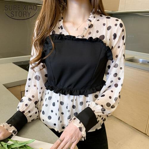 2021 Spring New Sweet Ruffles Blouse Spliced Shirt Long Sleeve Polka Dot Chiffon Blouses Women V-Neck Blusas Ladies Tops 10540