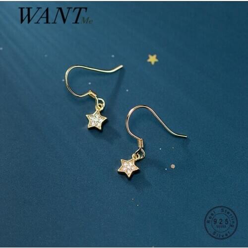 WANTME Real 925 Sterling Silver Pave Crystal Zircon Star Hanging Stud Earrings for Women Charming Korean 18k Gold Plated Jewelry