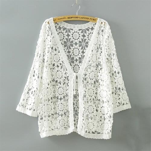 2021 Summer Kimono Cardigan Hollow Out Crochet Top Boho Beach Cover Up Women Long Blouses Shirt Fashion Sunscreen Clothing Coat