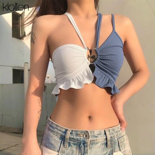 KLALIEN Fashion Sexy Hollow Patchwork Rib Knit Slim Stretch Basic Wild Club Street Camisole Women 2021 New Simple Casual Top