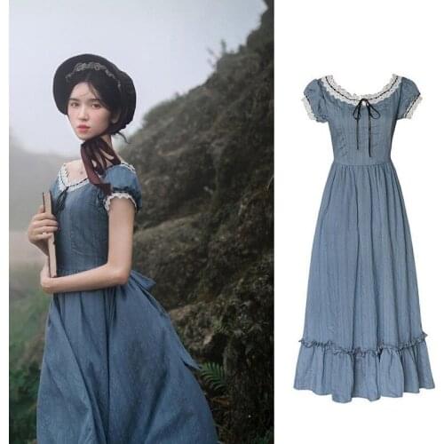 Puff Sleeve Summer Ethnic Style Medieval Retro Palace European Romantic Temperament Little Woman Lace Big Swing Blue Long Dress