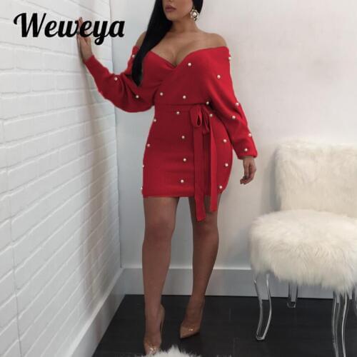 Weweya Pearl Party Dress Sexy Deep V Neck Backless Dress Beading Dress Woman Long Sleeve Lace Up Elegant Mini Dresses Vestidos