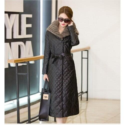 2020 Womens Leather Down Jacket Winter Coat Female Fur Collar Hooded Jackets Women Long Parkas Jaqueta De Couro WXF282